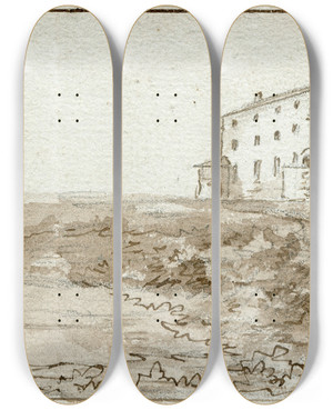 Triptych art skateboard deck of Otto Howen Een Verlaten Klooster Bij Gerona by Otto Howen (1774-1848)