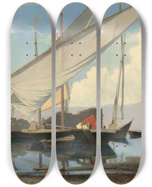 Triptych art skateboard deck of Franois Bocion The Wood Loading by Francois Bocion (1828-1890)
