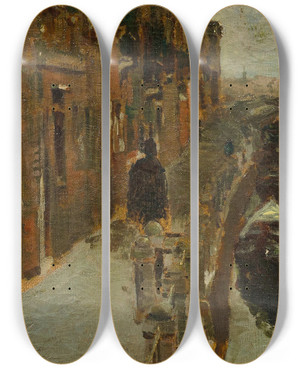 Triptych art skateboard deck of Pietro Fragiacomo Venice A View Of A Winter Canal by Pietro Fragiacomo (1856-1922)