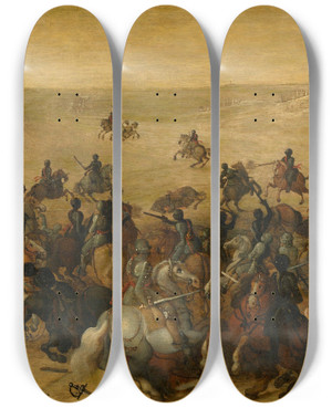 Triptych art skateboard deck of Sebastian Vrancx Battle Of Lekkerbeetjen by Sebastian Vrancx (1573-1647)