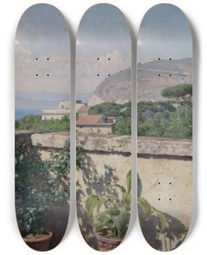 Triptych art skateboard deck of Henrybrokman Femme Sur La Terrasse De Lhtel Cocumella Vue Sur Le Vsuve by HenryBrokman (1868-1933)