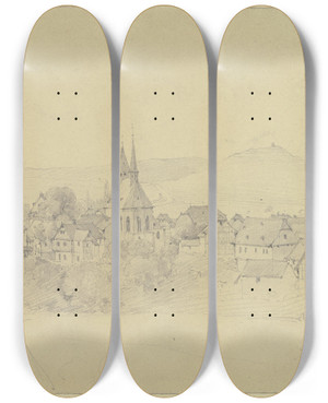 Triptych art skateboard deck of Jakob Frchtegott Dielmann View Of Gladenbach by Jakob Furchtegott Dielmann (1809-1885)