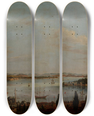 Triptych art skateboard deck of Antoine De Favray Panorama Of Stanbul by Antoine De Favray (1706-1798)