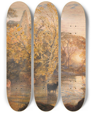 Triptych art skateboard deck of Samuel Palmer Tintern Abbey At Sunset_1 by Samuel Palmer (1805-1881)