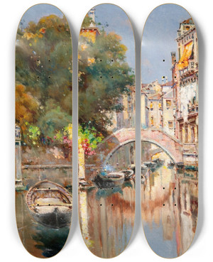 Triptych art skateboard deck of Antonio Mara De Reyna Manescau Enchanting Venice by Antonio Maria De Reyna Manescau (1859-1937)