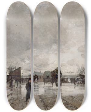 Triptych art skateboard deck of Luigi Loir Un Coin De Bercy Pendant Linondaton by Loir Luigi (1845-1916)
