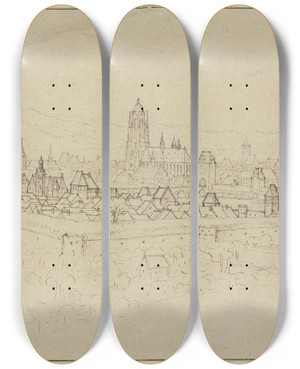 Triptych art skateboard deck of Matthus Merian The Elder Blick Auf Frankfurt Am Main Vom Mhlberg Aus Gesehen Im Vordergrund Von Der Stadtmauer Umschlossen Sachsenhausen by Matthus Merian the elder (1593-1650)