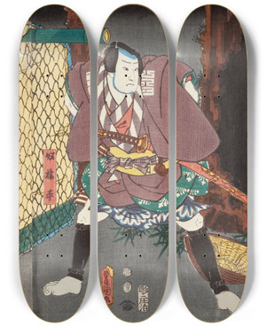 Triptych art skateboard deck of Utagawa Kunisada Toyokuni Iii Actors In The Roles Of Yoshida No Matsuwaka Tomo Hitachinosuke And Yakko Kajihira by Utagawa Kunisada (Toyokuni III) (1786-1865)
