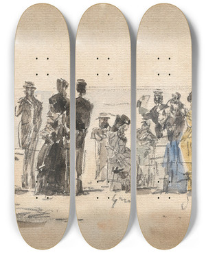 Triptych art skateboard deck of Eugne Boudin Crinolines Sur La Plage by Eugene Boudin (1824-1898)