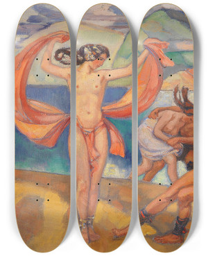 Triptych art skateboard deck of Ludwig Von Hofmann Tanzende In Weiter Landschaft by Ludwig Von Hofmann (1861-1945)