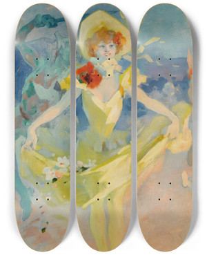 Triptych art skateboard deck of Jules Chret Pierrotet Columbine by Jules Cheret (1836-1932)