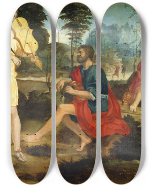 Triptych art skateboard deck of Michelangelo Anselmi Apollo And Marsyas by Michelangelo Anselmi (1492-1556)