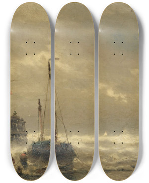 Triptych art skateboard deck of Franois Musin Le Retour Des Pcheurs by Francois Musin (1820-1888)