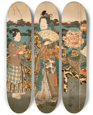 Triptych art skateboard deck of Utagawa Kunisada Toyokuni Iii Visiting The Peony Garden by Utagawa Kunisada (Toyokuni III) (1786-1865)