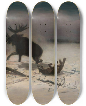Triptych art skateboard deck of Julian Falat Elk Fighting The Wolves by Julian Falat (1853-1929)