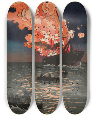 Triptych art skateboard deck of Kobayashi Kiyochika The Naval Battle Of Pungdo In Korea by Kobayashi Kiyochika (1847-1915)