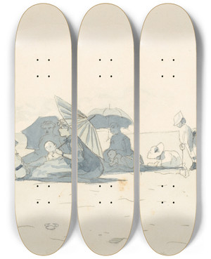 Triptych art skateboard deck of Winslow Homer Women And Children On Beach At Long Branch Newjersey by Winslow Homer (1836-1910)