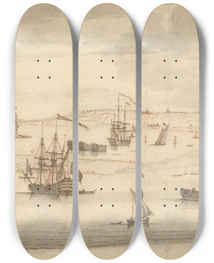 Triptych art skateboard deck of Francis Swaine Hulks In The Medway by Francis Swaine (1725-1782)
