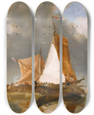 Triptych art skateboard deck of Edward William Cooke A Dutch Calm Zuider Zee Fishing Craft by Edward William Cooke (1811-1880)