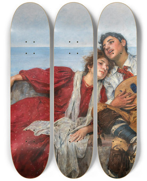 Triptych art skateboard deck of Johann Victor Krmer A Serenade At Sunset by Johann Victor Kramer (1861-1949)