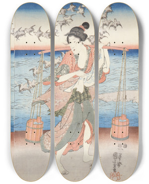 Triptych art skateboard deck of Utagawa Kuniyoshi Plovers Of The Noda Jewel River Of Mutsu Province by Utagawa Kuniyoshi (1797-1861)