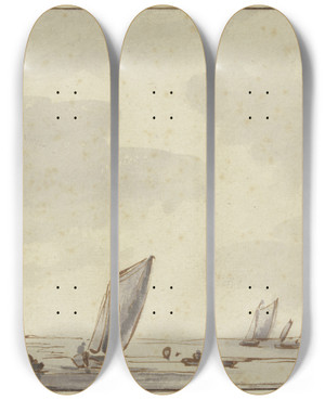 Triptych art skateboard deck of Ludolf Bakhuysen Ruhige See Mit Schiffen Links Eine Signalstange by Ludolf Backhuysen (1630-1708)