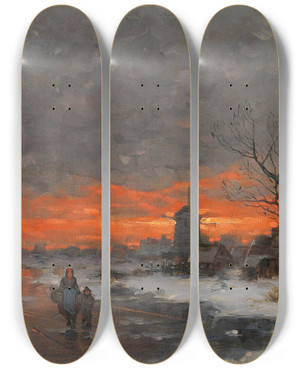 Triptych art skateboard deck of Johann Jungblut Winterlandschaft Mit Dorfsilhouette Im Abendrot by Johann Jungblut (1860-1912)