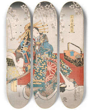 Triptych art skateboard deck of Utagawa Kunisada Toyokuni Iii Ichikawa Kodanji Iv As Hige No Iky Band Shka I As Miuraya Agemaki And Ichikawa Danjr Viii As Agemaki No Sukeroku In The Play Sukeroku Kuruwa No Hanamidoki by Utagawa Kunisada (Toyokuni III) (1786-1865)