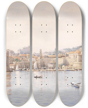 Triptych art skateboard deck of Anton Perko Blick Auf Ragusa by Anton Perko (1833-1905)