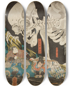 Triptych art skateboard deck of Utagawa Kuniyoshi In The Ruined Palace At Sma Masakados Daughter Takiyasha Uses Sorcery To Gather Allies by Utagawa Kuniyoshi (1797-1861)