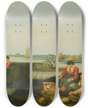 Triptych art skateboard deck of Arent Arentsz Cabel Fishermen On The Banks Of A River Estuary by Arent Arentsz Cabel (1585-1631)