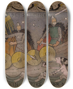 Triptych art skateboard deck of Gerhard Munthe Smund And His Brothers On The Sea by Gerhard Munthe (1849-1929)