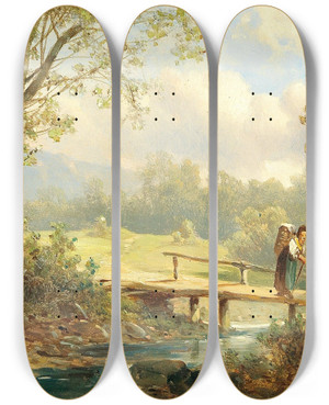 Triptych art skateboard deck of Josef Thoma Landscape In The Upper Austria by Josef Thoma (1828-1899)