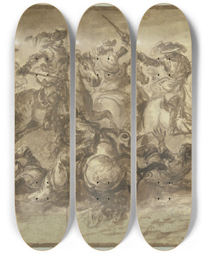 Triptych art skateboard deck of Francesco Simonini Equestrian Combat by Francesco Simonini (1686-1755)