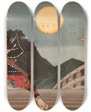 Triptych art skateboard deck of Tsukioka Yoshitoshi Goj Bridge An Episode From The Life Of Yoshitsune by Tsukioka Yoshitoshi (1839-1892)