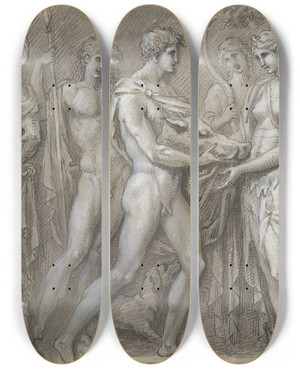 Triptych art skateboard deck of Guillaume Boichot Meleager Presents To Atalanta The Head Of The Calydonian Boar by Guillaume Boichot (1735-1814)