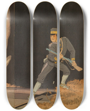 Triptych art skateboard deck of Kobayashi Kiyochika Onoguchi Tokuji Blasting The Gates Of Jinzhou Fortress by Kobayashi Kiyochika (1847-1915)