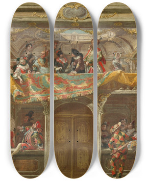 Triptych art skateboard deck of Andreas Altomonte A Masked Ball In Bohemia by Andreas Altomonte (1699-1780)
