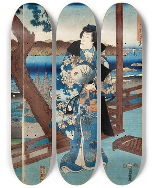 Triptych art skateboard deck of Utagawa Kunisada Toyokuni Iii Fashionable Genji At Suma by Utagawa Kunisada (Toyokuni III) (1786-1865)