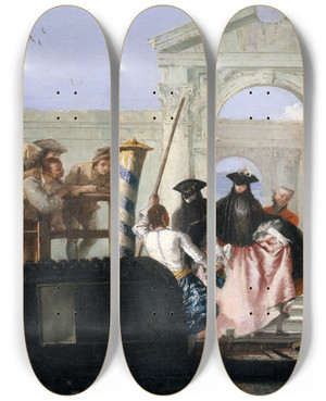 Triptych art skateboard deck of Giovanni Domenico Tiepolo The Departure Of The Gondola by Giovanni Domenico Tiepolo (1727-1804)