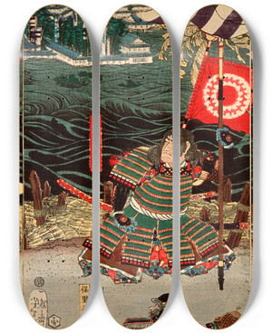 Triptych art skateboard deck of Tsukioka Yoshitoshi The Siege And Submergence Of Takamatsu Castle by Tsukioka Yoshitoshi (1839-1892)