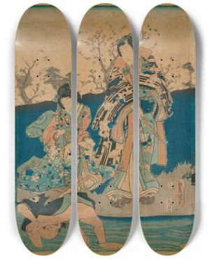 Triptych art skateboard deck of Utagawa Kunisada Toyokuni Iii Courtesans And A Modern Genji Drinking From Floating Cups by Utagawa Kunisada (Toyokuni III) (1786-1865)