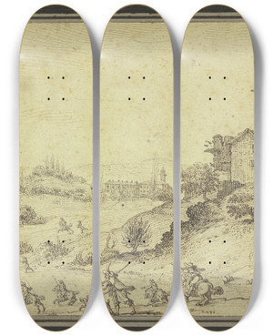Triptych art skateboard deck of Jacques Callot Landscape With Stag Hunt by Jacques Callot (1592-1635)