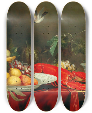 Triptych art skateboard deck of Pseudosimons A Still Life With Fruit And A Lobster by Pseudo Simons (17-)