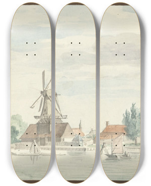 Triptych art skateboard deck of Aert Schouman Gezicht Op Dordrecht Met De Rietdijkspoort En Windmolens_2 by Aert Schouman (1710-1792)