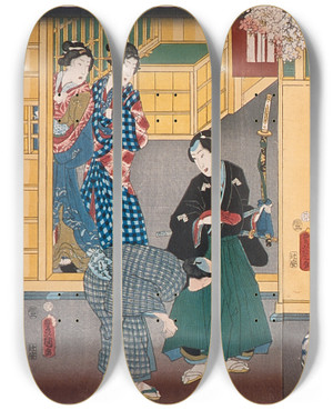Triptych art skateboard deck of Utagawa Kunisada Toyokuni Iii Presentday Genji Visiting The Rokuj Mansion by Utagawa Kunisada (Toyokuni III) (1786-1865)