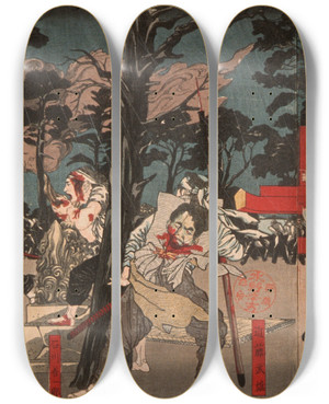 Triptych art skateboard deck of Tsukioka Yoshitoshi The Battle Of Sann Shrine At Teizan Temple by Tsukioka Yoshitoshi (1839-1892)