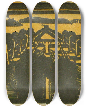 Triptych art skateboard deck of Eric O W Ehrstrm Kirkkovene Tynnetn Vesille by Eric O W Ehrstrom (1881-1934)