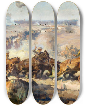 Triptych art skateboard deck of Septimus Power The Battle Before Villersbretonneux August 8Th 1918 by Septimus Power (1877-1951)
