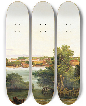 Triptych art skateboard deck of Joseph Lon Righini View Of So Luis Do Maranho by Joseph Leon Righini (1820-1884)